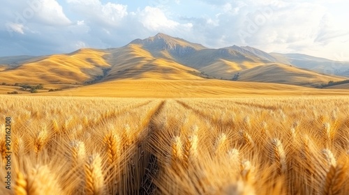 Fields of golden wheat sway gently under a cloudy sky at dusk photo