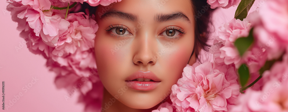 Close-up portrait of a woman with pink flowers, set against a matching pink background, embodying beauty and femininity