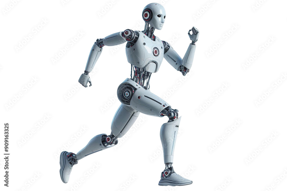 AI robot in running position isolated on transparent background AI robot in running position isolated on transparent background