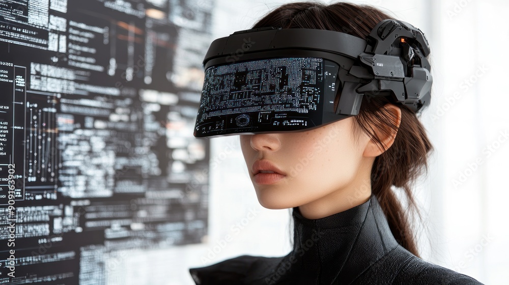 A woman interacts with digital interfaces using advanced virtual reality gear