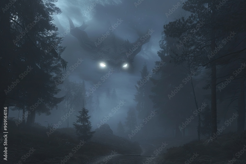 Fototapeta premium Eerie foggy forest with a giant eerie creature's glowing eyes appearing in the cloudy sky, creating a surreal and mysterious atmosphere.