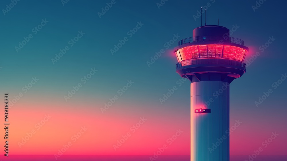Modern observation tower with pink and blue illuminated lighting against a twilight sky, showcasing futuristic architecture and serene atmosphere. Modern observation tower with pink and blue illuminated lighting against a twilight sky, showcasing futuristic architecture and serene atmosphere.