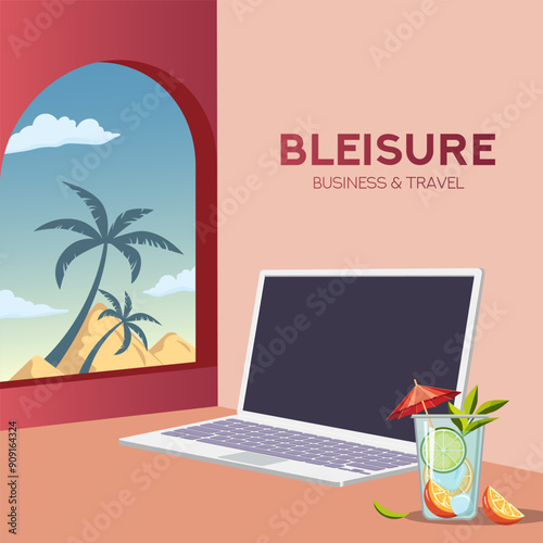 Bleisure, Digital Nomade Concept. Remote work, education or Self-employment. Monitor stands in front of a Tropical landscape and a Cocktail on a table. When you combine work, travel and relax.