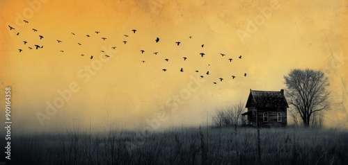 Solitary House in a Misty Field at Sunset With Birds Flying Overhead