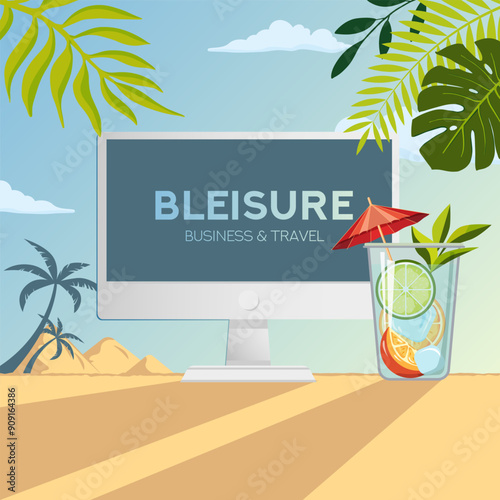 Bleisure, Digital Nomade Concept. Remote work, education or Self-employment. Monitor stands in front of a Tropical landscape and a Cocktail on a table. When you combine work, travel and relax.