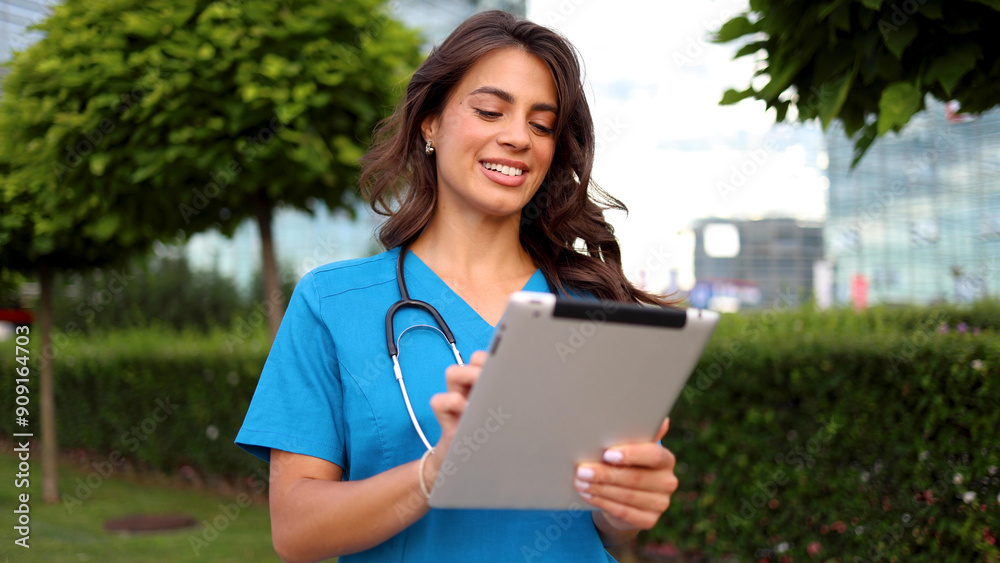 Beautiful, young female doctor enjoying outdoors and using a digital tablet Beautiful, young female doctor enjoying outdoors and using a digital tablet