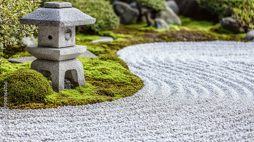 a traditional Japanese Zen garden featuring a stone lantern(tōrō and meticulously raked gravel patterns a traditional Japanese Zen garden featuring a stone lantern(tōrō and meticulously raked gravel patterns