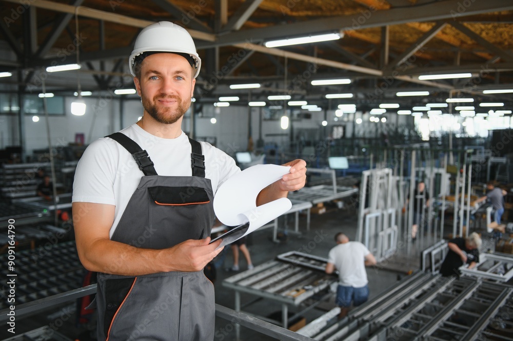 Smiling and happy employee. Portrait of industrial worker indoors in factory. Young technician with white hard hat Smiling and happy employee. Portrait of industrial worker indoors in factory. Young technician with white hard hat