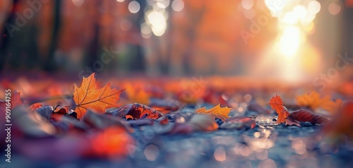 Vibrant Autumn Leaves With Raindrops on Dark Surface in October