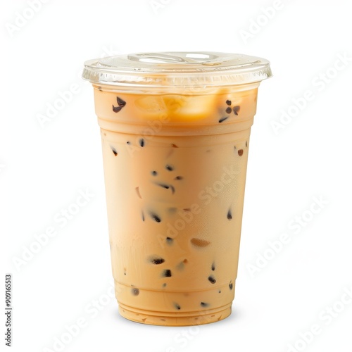 Clear plastic cup filled with Banana Milk Tea and a lid, isolated white background, studio lighting for focused advertising.