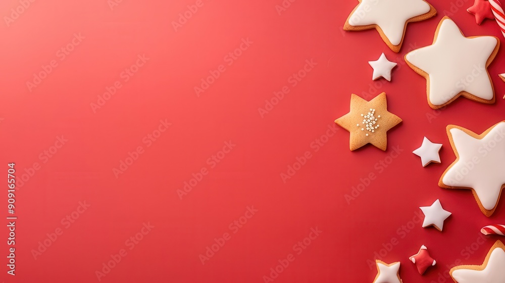 Christmas cookies shaped like stars and trees, red background Christmas cookies shaped like stars and trees, red background