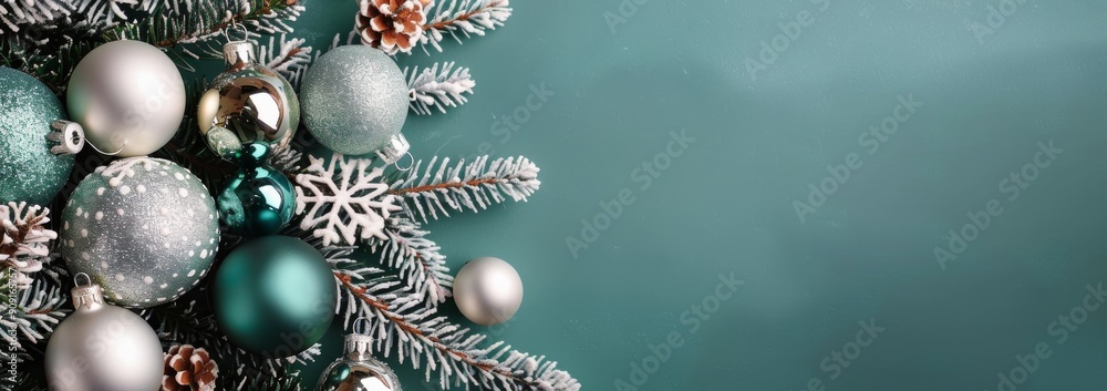 Decorative Christmas Ornaments and Pinecones on a Soft Blue Background Decorative Christmas Ornaments and Pinecones on a Soft Blue Background