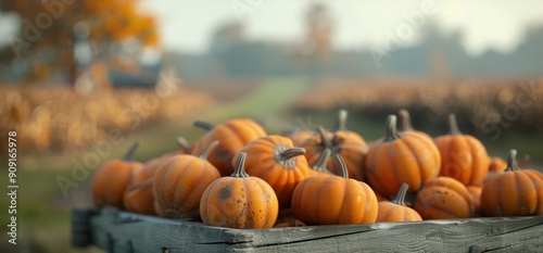 Freshly Harvested Pumpkins in a Rustic Wooden Crate at an Autumn Farm