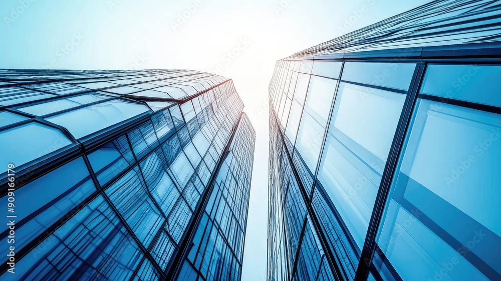 Obraz premium Stunning perspective of modern skyscrapers reflecting sunlight, showcasing glass architecture and urban beauty against a clear sky.
