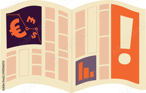 Open newspaper with business articles. Financial press cartoon icon