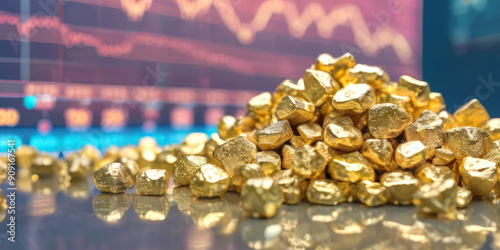 a bunch of gold stones against the background of the gold price trading chart