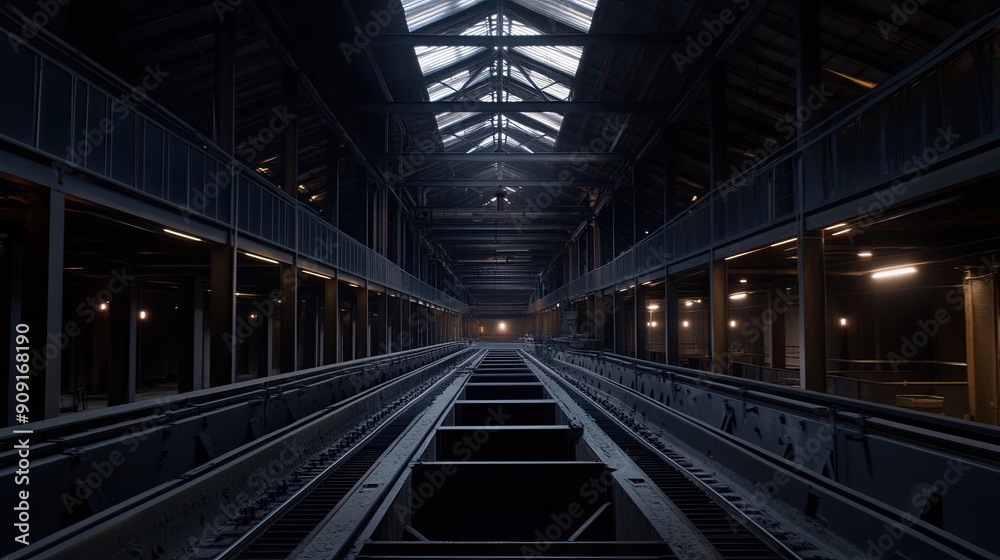 An industrial warehouse interior featuring tracks leading to a distant light, showcasing high ceilings and dramatic lighting. An industrial warehouse interior featuring tracks leading to a distant light, showcasing high ceilings and dramatic lighting.
