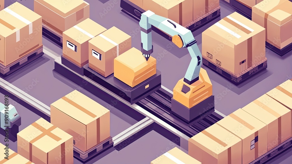 Automated warehouse scene featuring robotic arm moving boxes on a conveyor belt, showcasing modern logistics technology. Automated warehouse scene featuring robotic arm moving boxes on a conveyor belt, showcasing modern logistics technology.