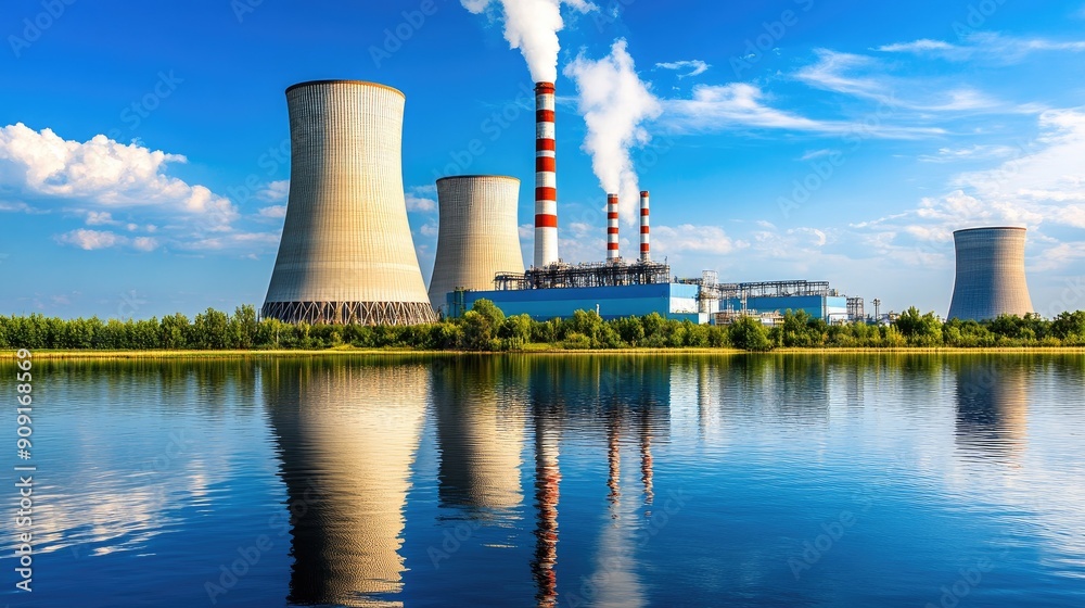A vibrant industrial landscape featuring cooling towers and power plant reflected in calm water under a clear blue sky. A vibrant industrial landscape featuring cooling towers and power plant reflected in calm water under a clear blue sky.