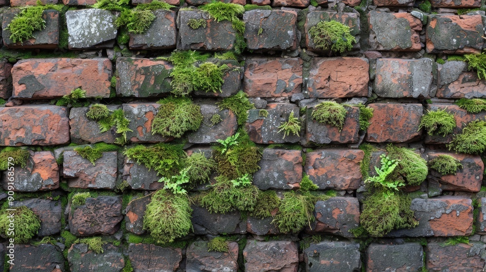 Rustic brick wall texture with weathered details and moss accents Rustic brick wall texture with weathered details and moss accents