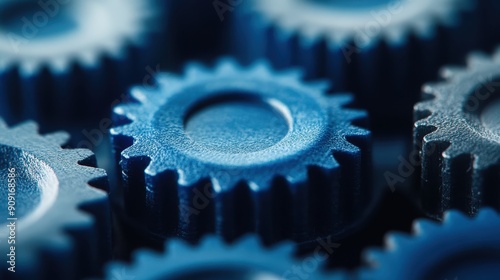 A close-up image showing multiple blue cogwheels arranged in a precise pattern, symbolizing teamwork, engineering, and mechanical design in a vibrant setting.