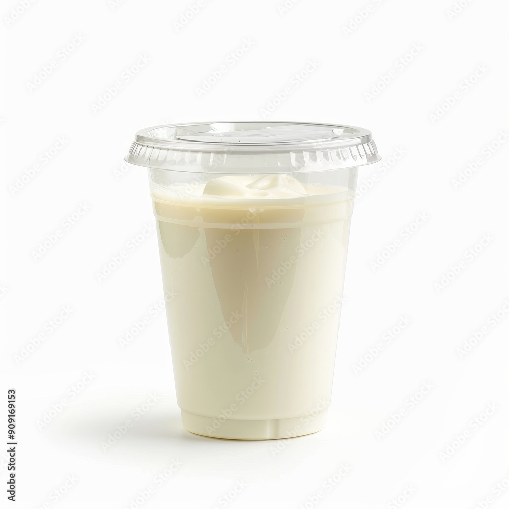 Clear plastic cup filled with Fresh Milk and a lid, isolated white background, studio lighting for focused advertising. Clear plastic cup filled with Fresh Milk and a lid, isolated white background, studio lighting for focused advertising.