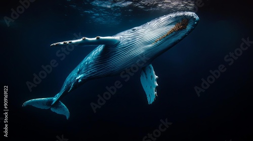 Blue whale diving deep into the abyss, tail fluke disappearing in dark waters, whale behavior, mystery of the ocean depths