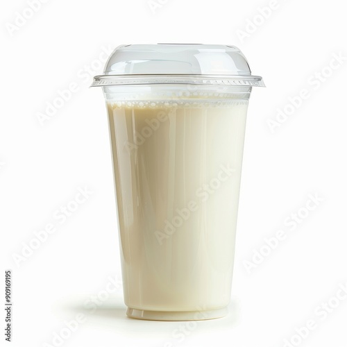 Clear plastic cup filled with Fresh Milk and a lid, isolated white background, studio lighting for focused advertising. 