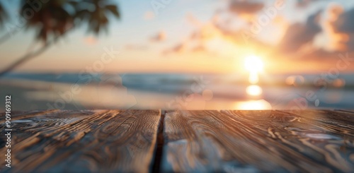 Sunset Over Tranquil Ocean With Silhouetted Palms Near Wooden Dock