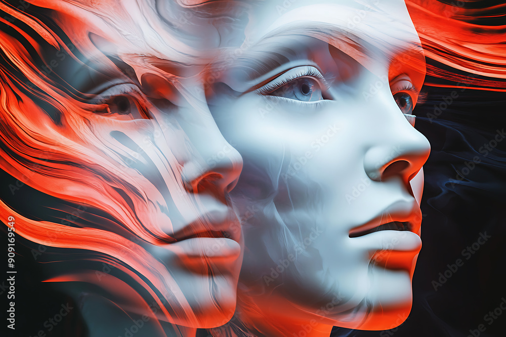 An abstract photo featuring detailed character design with VRay tracing, highlighting the intricate features of people's faces. The image combines realism with artistic abstraction An abstract photo featuring detailed character design with VRay tracing, highlighting the intricate features of people's faces. The image combines realism with artistic abstraction