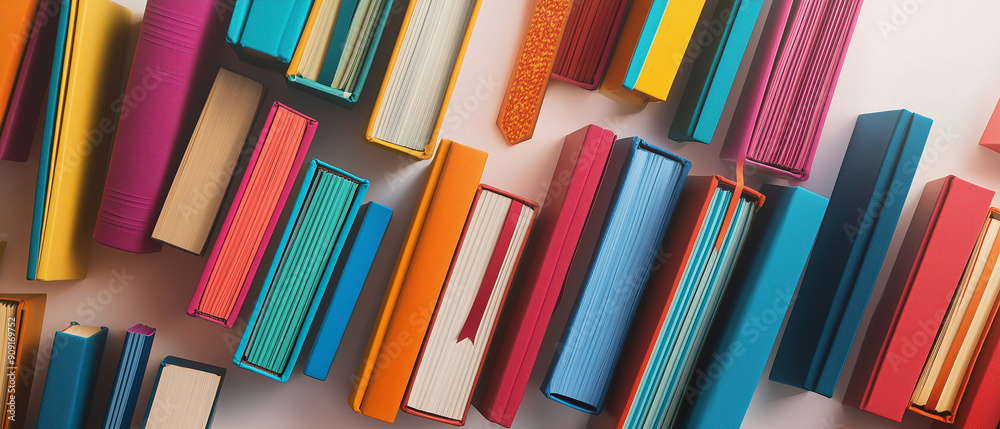 Colorful books with bookmarks peeking out, arranged on white background Colorful books with bookmarks peeking out, arranged on white background