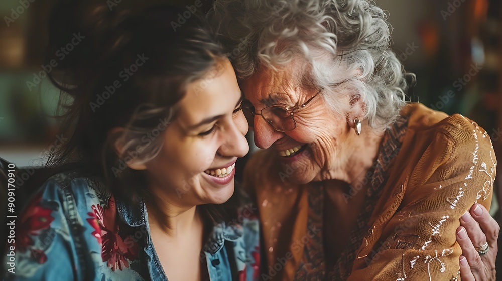 Fototapeta premium Elderly Woman in Embroidered Shawl Sharing a Tender Moment with Younger Person