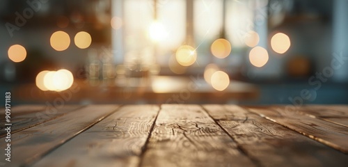 Wooden Table Surface With Blurred Lights At Sunset In A Cozy Kitchen