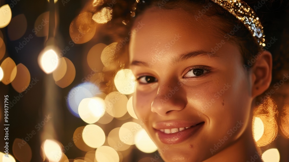 Radiant Young Girl with Sparkling Bokeh Lights Radiant Young Girl with Sparkling Bokeh Lights