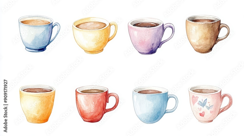 Coffee cup collection on white background. Watercolor coffee cup illustrations Coffee cup collection on white background. Watercolor coffee cup illustrations