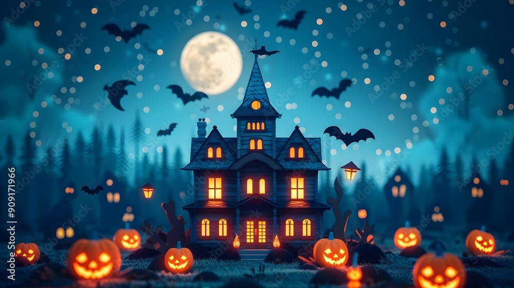 Fototapeta premium Haunted Mansion with Glowing Pumpkins and Bats in the Halloween Night Sky