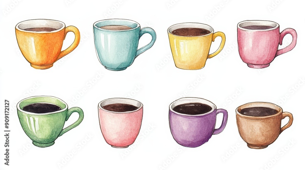 Coffee cup collection on white background. Watercolor coffee cup illustrations Coffee cup collection on white background. Watercolor coffee cup illustrations