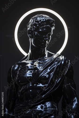 A realistic looking black marble statue of a man facing forwards with a glowing halo behind brimming with power illuminating the space behind him, the marble is polished and gorgeous, all details carv photo