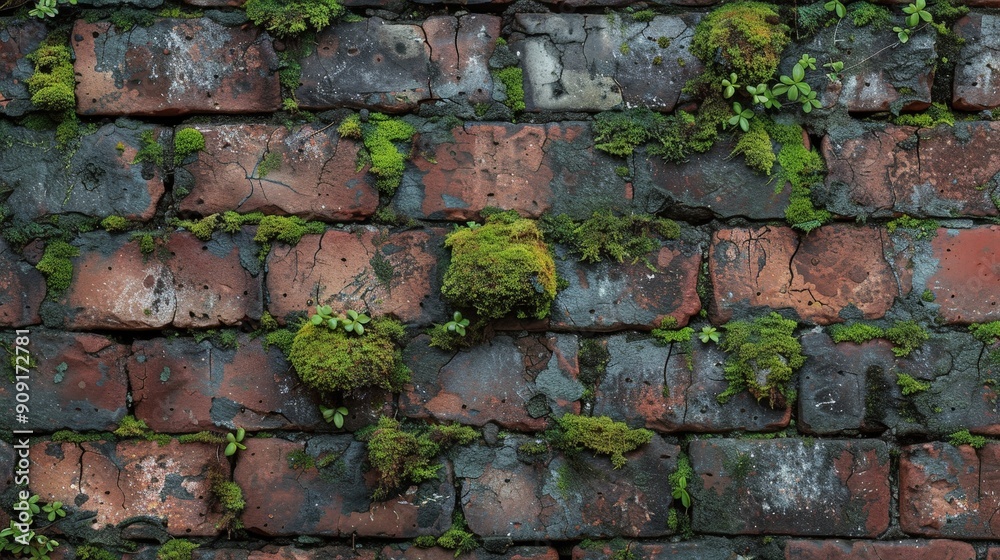 Rustic brick wall texture with weathered details and moss accents Rustic brick wall texture with weathered details and moss accents