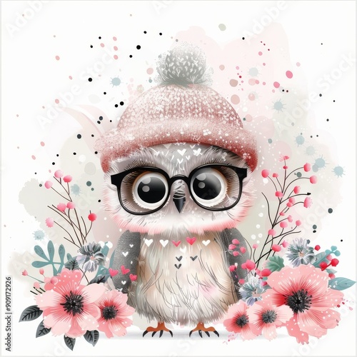 Stylish Owl Surrounded by Flowers on a Soft Pink Background