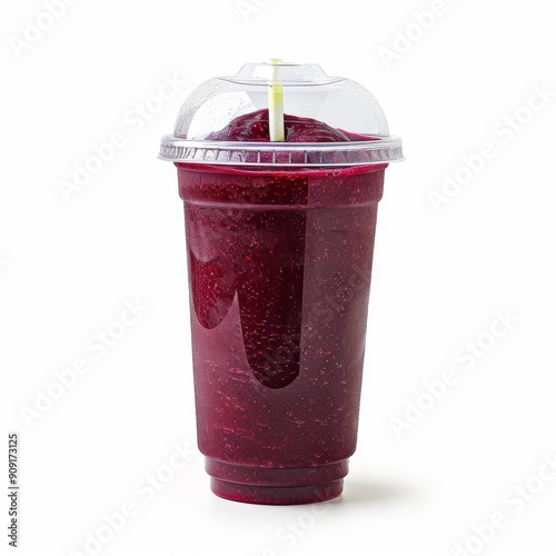 Clear plastic cup filled with Marian Plum Smoothie and a lid, isolated white background, studio lighting for focused advertising.