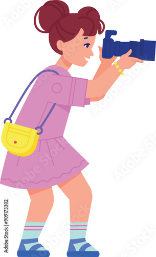 Girl with camera. Kid making photos. Happy child