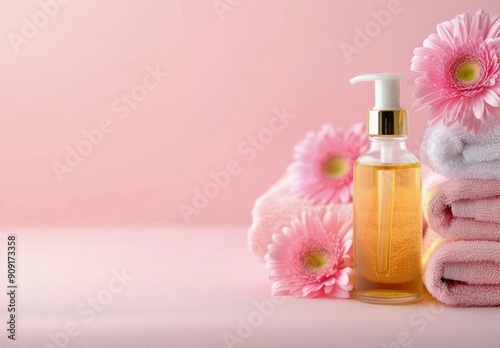 Spa Essentials With Towels And Flower Display On Soft Pink Background