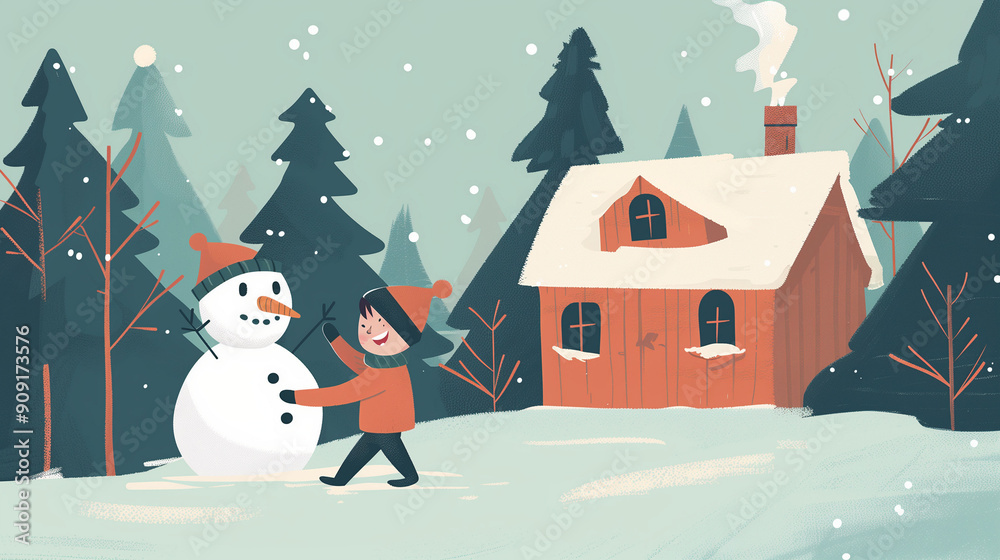 Child builds snowman in front of cozy cabin during winter snowfall