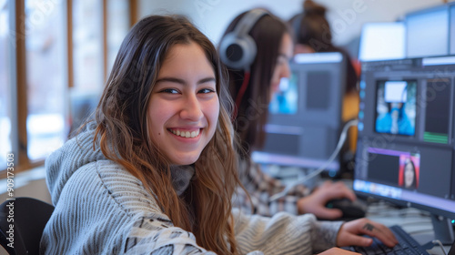 Smiling student working on a multimedia project in a classroom photo