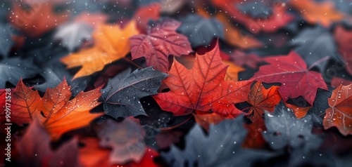 Vibrant Autumn Leaves With Raindrops on Dark Surface in October