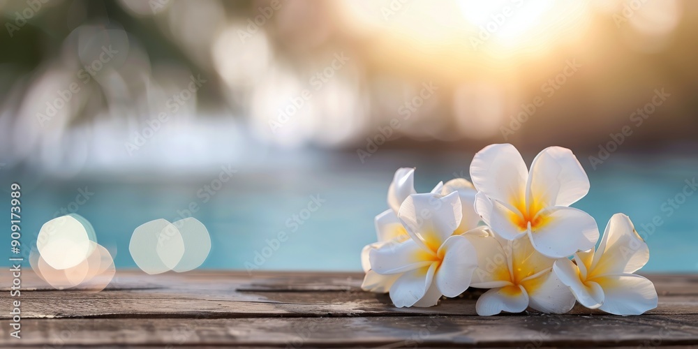 White Frangipani Flowers on Wooden Table at Tropical Resort Near Clear Blue Ocean White Frangipani Flowers on Wooden Table at Tropical Resort Near Clear Blue Ocean