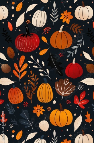 Vibrant Autumn Leaves and Pumpkins on Dark Background