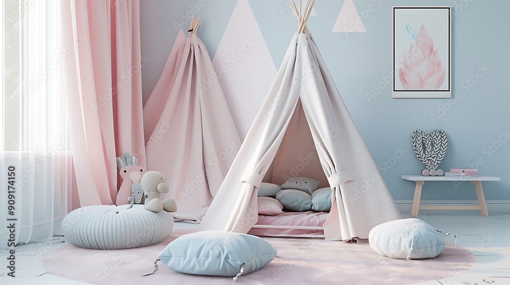 Pastel pillows in front of tent in girls bedroom interior with pink drapes and poster Pastel pillows in front of tent in girls bedroom interior with pink drapes and poster