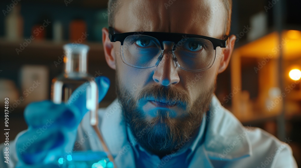 Professional Researcher holding a chemistry with blue liquid Professional Researcher holding a chemistry with blue liquid